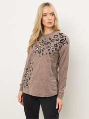 Long Tall Sally Brown Embellished Animal Placement Jumper - Image 1 of 5