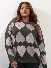 Yours Curve Grey Argyle Heart Jumper - Image 1 of 5