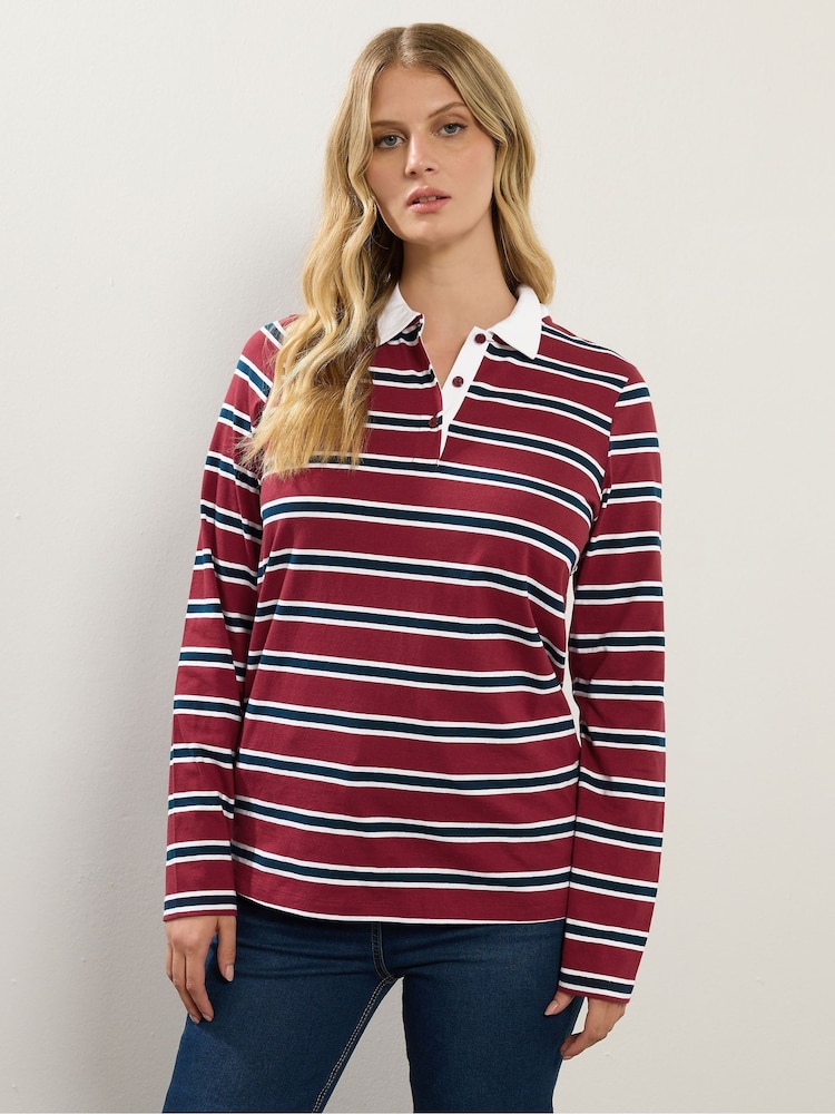 Long Tall Sally Red Stripe Jersey Polo Top - Image 1 of 5