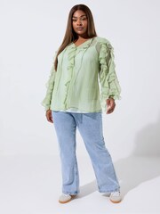 Yours Curve Green Limited Frilled Blouse - Image 1 of 5