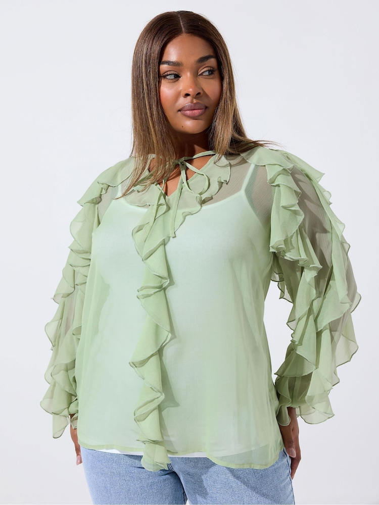 Yours Curve Green Limited Frilled Blouse - Image 2 of 5