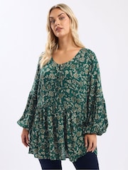 Yours Curve Green Tie Neck Blouse - Image 1 of 5