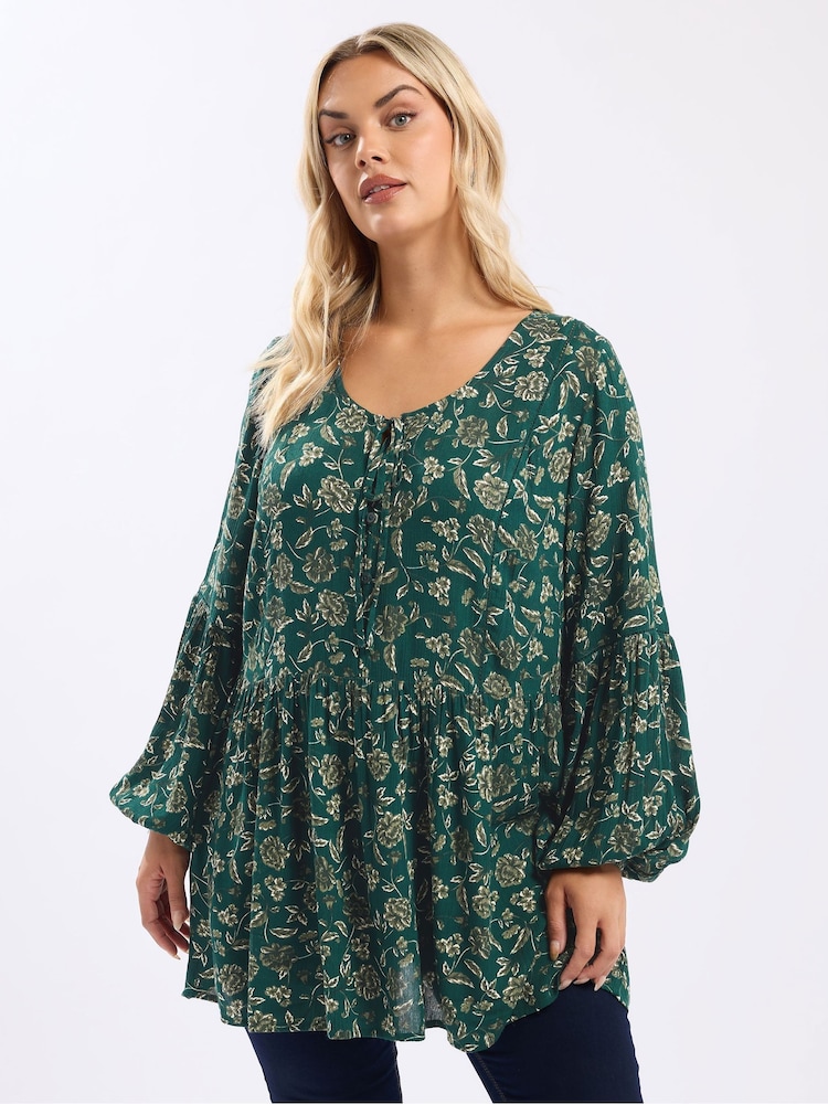 Yours Curve Green Tie Neck Blouse - Image 1 of 5