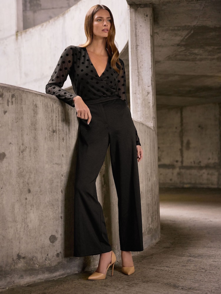 M&Co Black Spotted Wrap Devore Top - Image 1 of 3