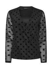 M&Co Black Spotted Wrap Devore Top - Image 3 of 3