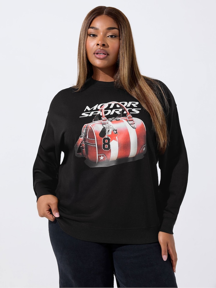 Yours Curve Black Limited Motor Sports Bag Sweatshirt - Image 1 of 5