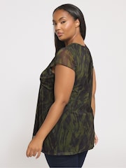 Yours Curve Black Mesh V-Neck Swirl Top - Image 2 of 6