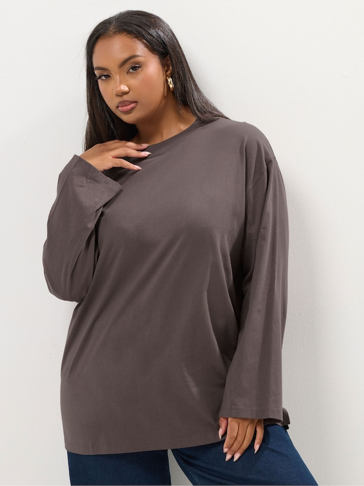 Yours Curve Brown Seam Detail Skater Top - Image 1 of 5