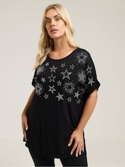 Yours Curve Black Star Hot Fix Grown On T-Shirt - Image 1 of 5