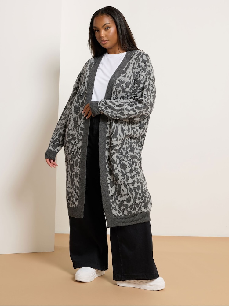 Yours Curve Grey Midi Leopard Cardigan - Image 1 of 5 Yours Curve Grey Midi Leopard Cardigan - Image 1 of 5