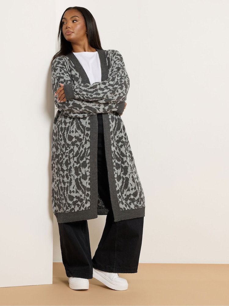 Yours Curve Grey Midi Leopard Cardigan - Image 2 of 5 Yours Curve Grey Midi Leopard Cardigan - Image 2 of 5