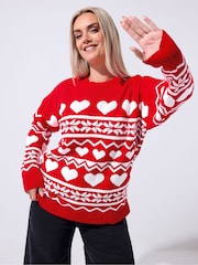 Yours Curve Red Limited Heart Fairisle Pattern Jumper - Image 1 of 5