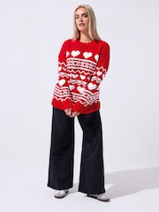 Yours Curve Red Limited Heart Fairisle Pattern Jumper - Image 2 of 5