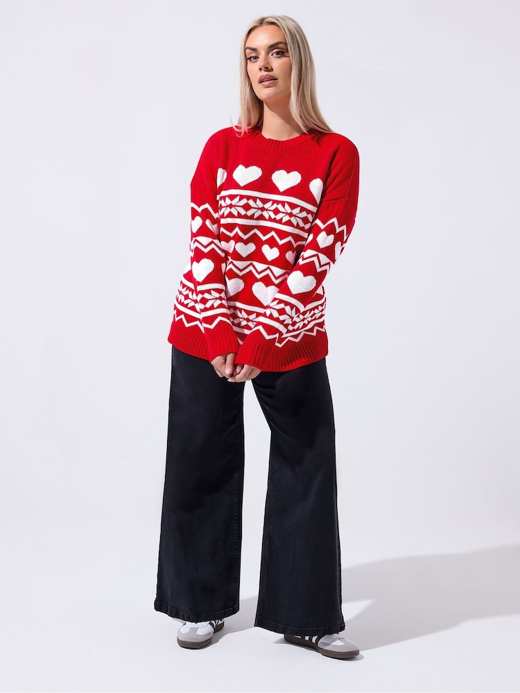 Yours Curve Red Limited Heart Fairisle Pattern Jumper - Image 2 of 5