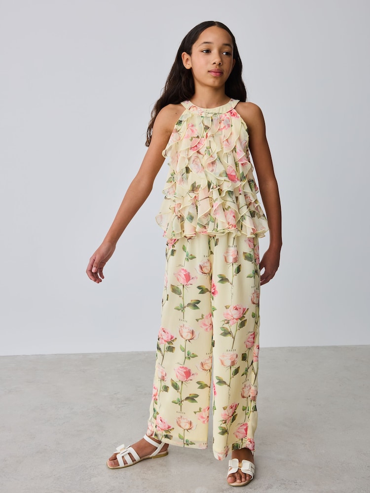 ლიმონის ყვითელი - Baker by Ted Baker Mesh Waterfall Halter Wide Leg Jumpsuit - სურათი 1 9-დან