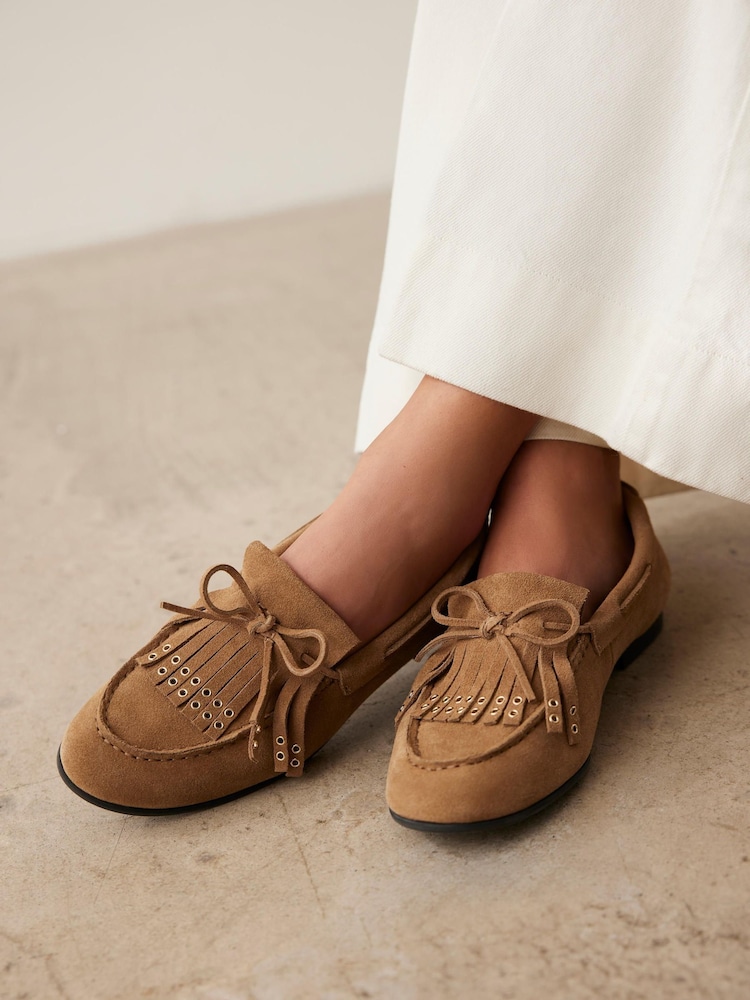 Mint Velvet Natural Melba Neutral Suede Loafers - Image 1 of 5