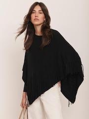 Mint Velvet Black Cotton Blend Fringed Knit Poncho - Image 1 of 7