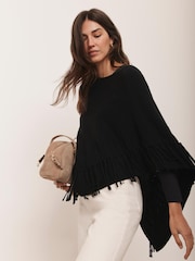 Mint Velvet Black Cotton Blend Fringed Knit Poncho - Image 2 of 7
