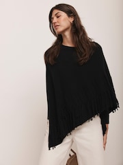 Mint Velvet Black Cotton Blend Fringed Knit Poncho - Image 5 of 7