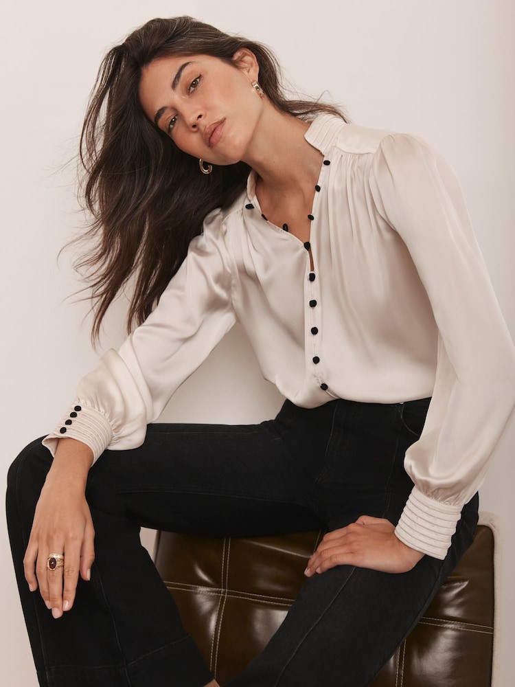 Mint Velvet Cream Contrast Satin Blouse - Image 1 of 7
