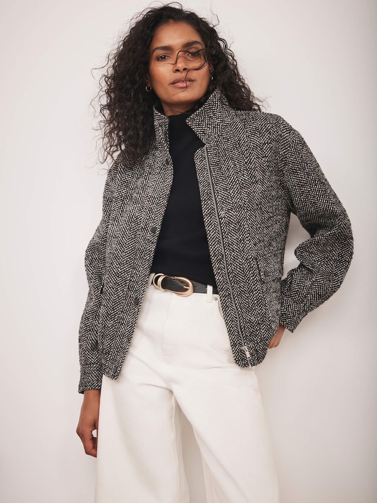 Mint Velvet Black Textured High Neck Jacket - Image 1 of 8