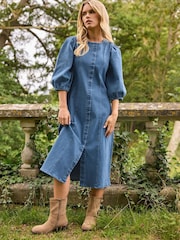 PixieGirl Petite Blue Puff Sleeve Seam Front Midi Dress - Image 1 of 6