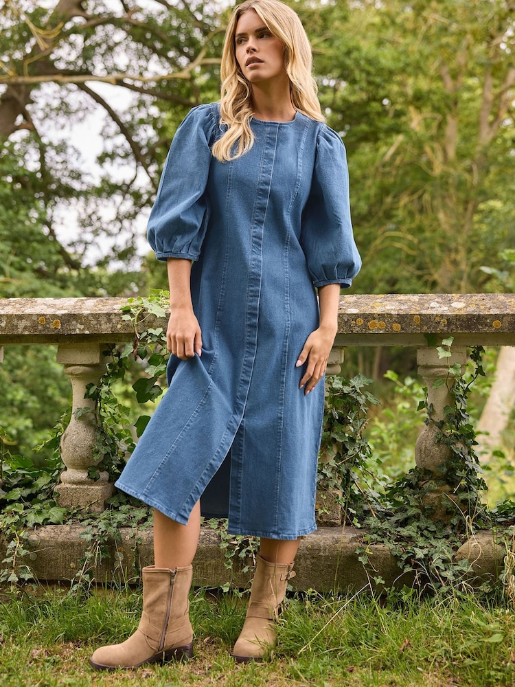 PixieGirl Petite Blue Puff Sleeve Seam Front Midi Dress - Image 1 of 6 PixieGirl Petite Blue Puff Sleeve Seam Front Midi Dress - Image 1 of 6