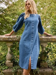 PixieGirl Petite Blue Puff Sleeve Seam Front Midi Dress - Image 2 of 6