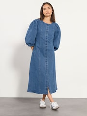 PixieGirl Petite Blue Puff Sleeve Seam Front Midi Dress - Image 3 of 6