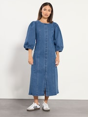 PixieGirl Petite Blue Puff Sleeve Seam Front Midi Dress - Image 4 of 6