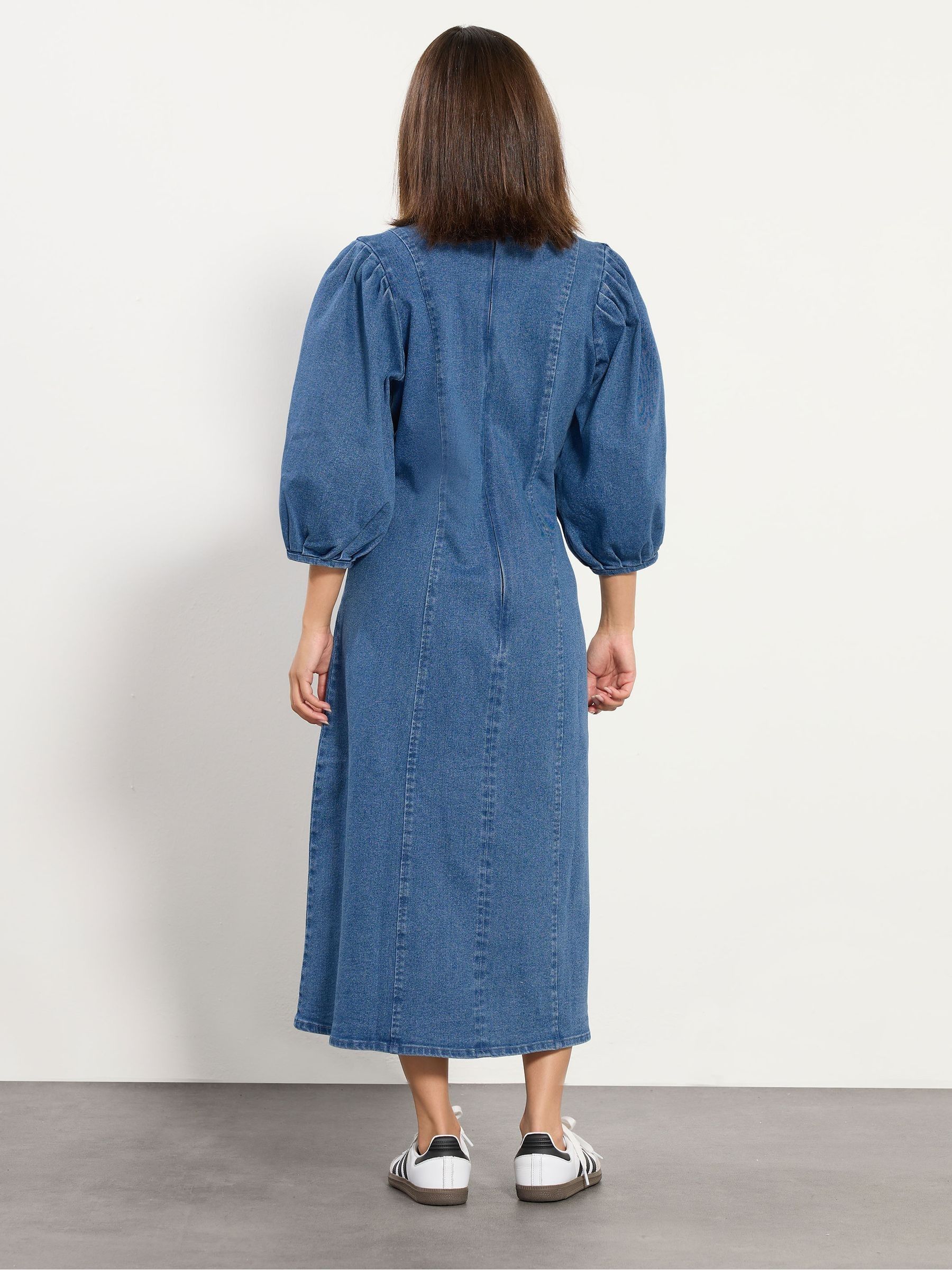 Buy PixieGirl Petite Blue Puff Sleeve Seam Front Midi Dress from