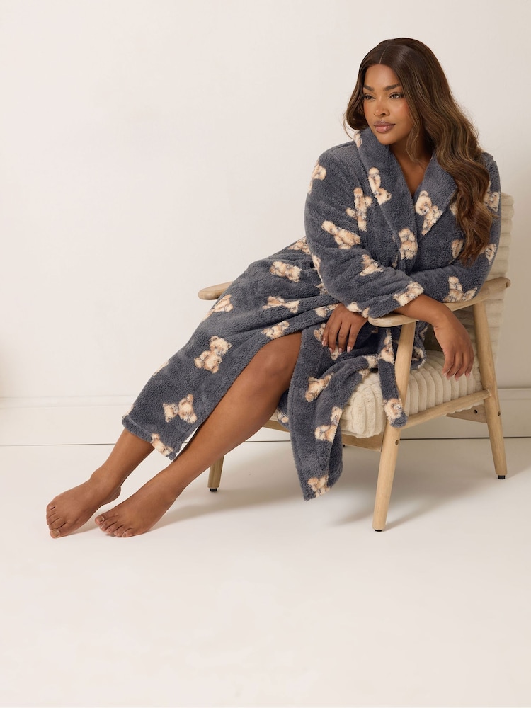 Yours Curve Grey Fluffy Shawl Collar Robe - Image 2 of 5 Yours Curve Grey Fluffy Shawl Collar Robe - Image 2 of 5