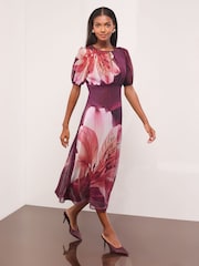 Black Floral Printed Puff Sleeve Crew Neck Midi Dress - Image 1 of 5