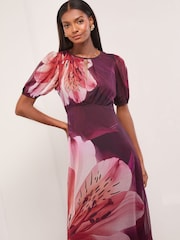 Black Floral Printed Puff Sleeve Crew Neck Midi Dress - Image 2 of 5