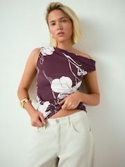 Plum Floral Print Asymmetric Shoulder Sleeveless Top - Image 1 of 8