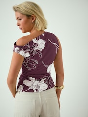 Plum Floral Print Asymmetric Shoulder Sleeveless Top - Image 2 of 8