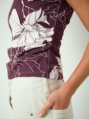 Plum Floral Print Asymmetric Shoulder Sleeveless Top - Image 5 of 8