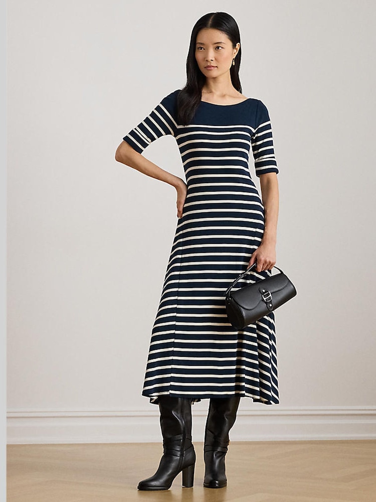 Lauren Ralph Lauren Blue Munzie Stripe Quarter Sleeve Elevated Boatneck Jersey Dress - Image 1 of 7