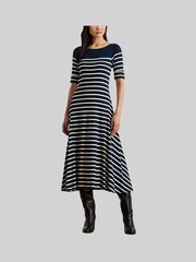 Lauren Ralph Lauren Blue Munzie Stripe Quarter Sleeve Elevated Boatneck Jersey Dress - Image 2 of 7