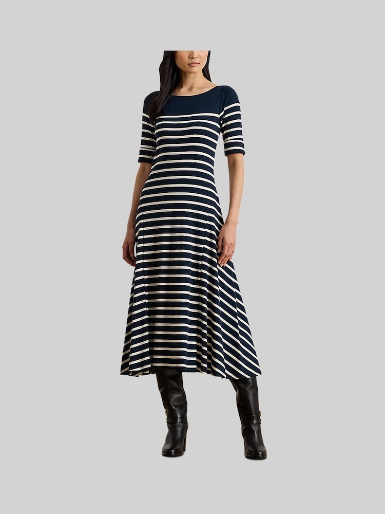 Lauren Ralph Lauren Blue Munzie Stripe Quarter Sleeve Elevated Boatneck Jersey Dress - Image 2 of 7