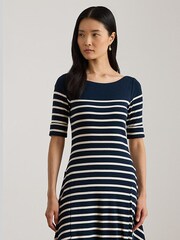 Lauren Ralph Lauren Blue Munzie Stripe Quarter Sleeve Elevated Boatneck Jersey Dress - Image 3 of 7