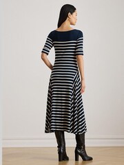 Lauren Ralph Lauren Blue Munzie Stripe Quarter Sleeve Elevated Boatneck Jersey Dress - Image 4 of 7