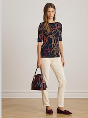 Lauren Ralph Lauren Blue Judy Belt Print Stretch Cotton Boatneck T-Shirt - Image 4 of 7