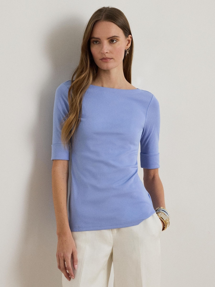 Lauren Ralph Lauren Blue Judy Stretch Cotton Boatneck Top - Image 1 of 8