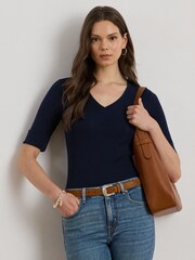 Lauren Ralph Lauren Blue Judy Stretch Cotton V-Neck Elbow Jersey T-Shirt - Image 1 of 6