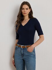 Lauren Ralph Lauren Blue Judy Stretch Cotton V-Neck Elbow Jersey T-Shirt - Image 4 of 6