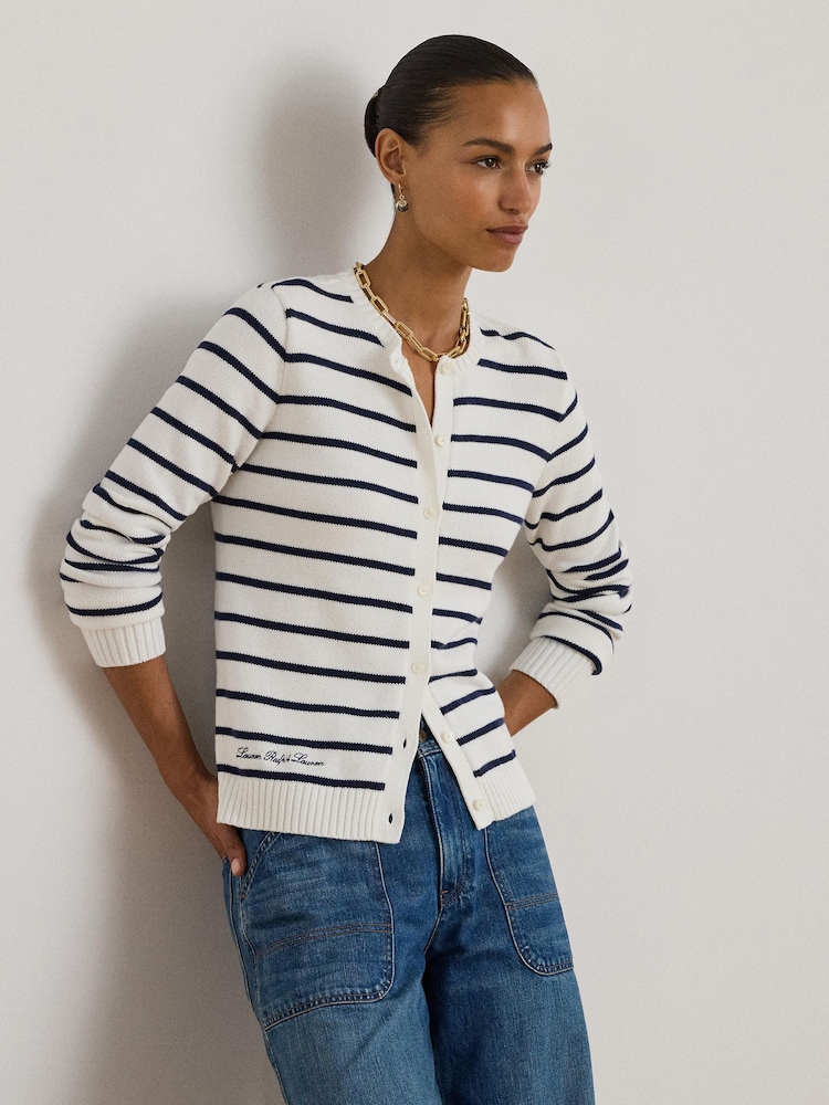 Lauren Ralph Lauren Blue Ralhan Stripe Cable Knit Crest Logo Cardigan - Image 1 of 7