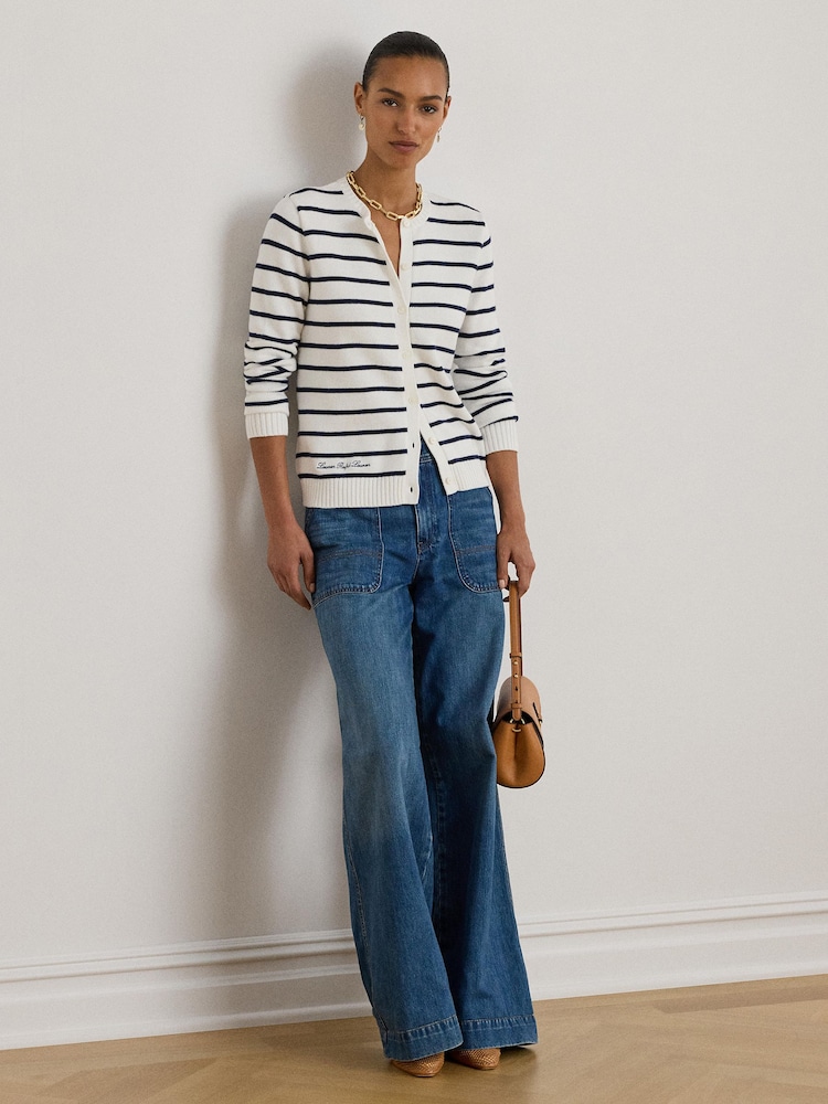 Lauren Ralph Lauren Blue Ralhan Stripe Cable Knit Crest Logo Cardigan - Image 2 of 7