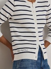 Lauren Ralph Lauren Blue Ralhan Stripe Cable Knit Crest Logo Cardigan - Image 4 of 7