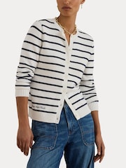 Lauren Ralph Lauren Blue Ralhan Stripe Cable Knit Crest Logo Cardigan - Image 6 of 7